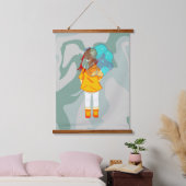 風に傘を持つ女の子スケッチグリーンスワール 吊り下げ型タペストリー (寝室)