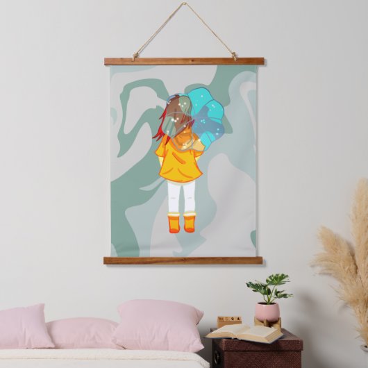 風に傘を持つ女の子スケッチグリーンスワール 吊り下げ型タペストリー (寝室)