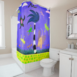 風に吹かれるカーテンの上の動物たち シャワーカーテン