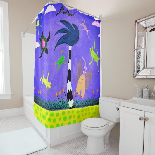 風に吹かれるカーテンの上の動物たち シャワーカーテン (インサイチュ)