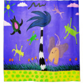 風に吹かれるカーテンの上の動物たち シャワーカーテン (正面)