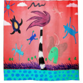 風に吹かれるカーテンの上の動物たち シャワーカーテン (正面)