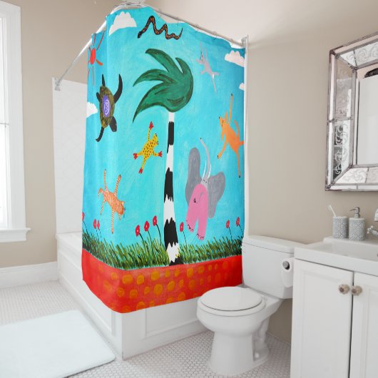 風に吹かれるカーテンの上の動物たち シャワーカーテン (インサイチュ)