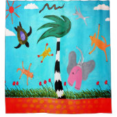 風に吹かれるカーテンの上の動物たち シャワーカーテン (正面)