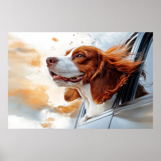 風に吹かれる喜ぶ犬のアートプリント ポスター (正面)