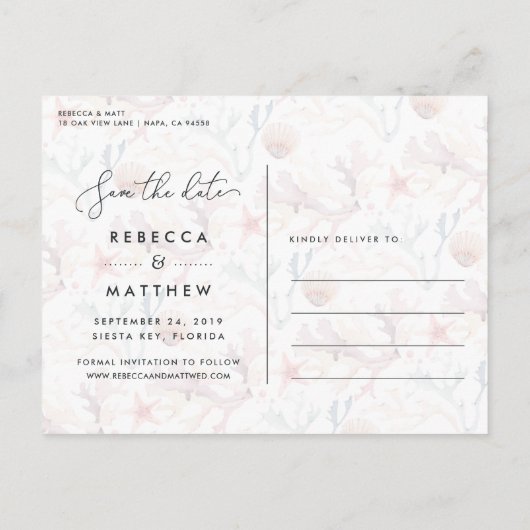 風に吹かれる |ビーチ結婚式写真の日付を保存 案内ポストカード (裏面)