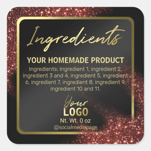 風に吹き付けられたグリッター赤黒金ゴールド原料ラベル スクエアシール (正面)