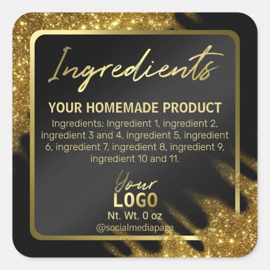 風に吹き付けられたグリッター金ゴールドと黒い原料ラベル スクエアシール (正面)