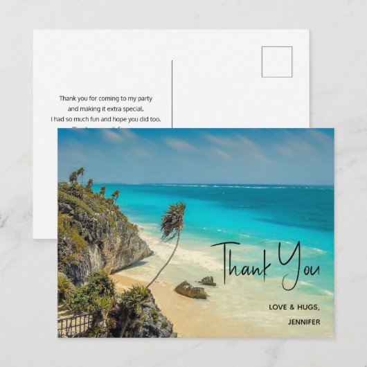 風に揺れる木々のあるトロピカルビーチ ありがとう ポストカード (正面/裏面)