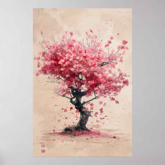 風に舞う桜 - 桜の花の絵画 ポスター (正面)