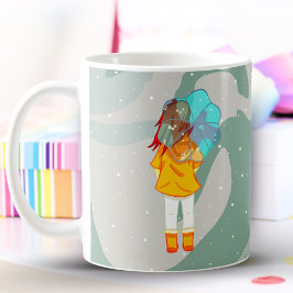 風の中の傘の女の子 緑の渦の絵 コーヒーマグカップ