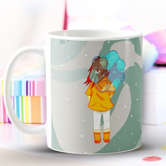 風の中の傘の女の子 緑の渦の絵 コーヒーマグカップ