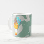 風の中の傘の女の子 緑の渦の絵 コーヒーマグカップ (正面左)