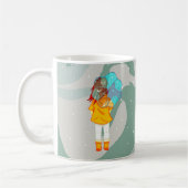風の中の傘の女の子 緑の渦の絵 コーヒーマグカップ (左)