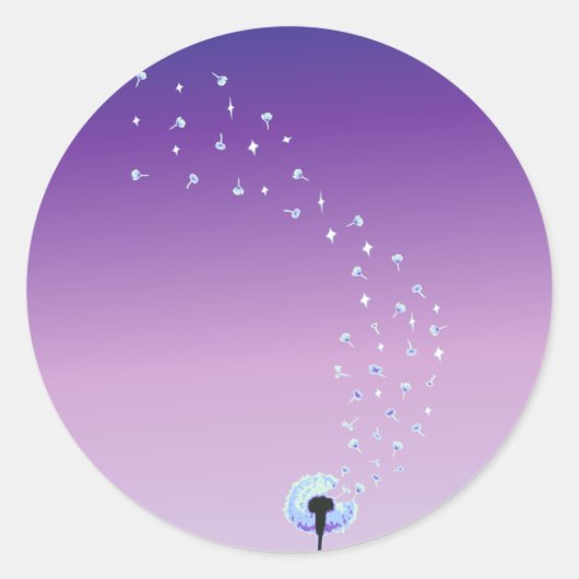 風の中の飛んでいるタンポポの種 – 紫 ラウンドシール (正面)