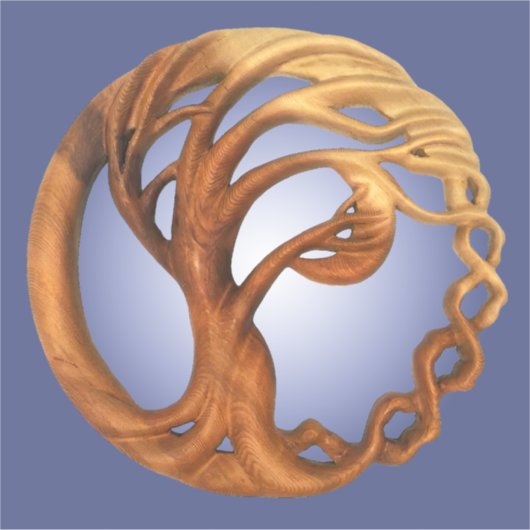 風の吹木と三日月の木彫り シール (正面)