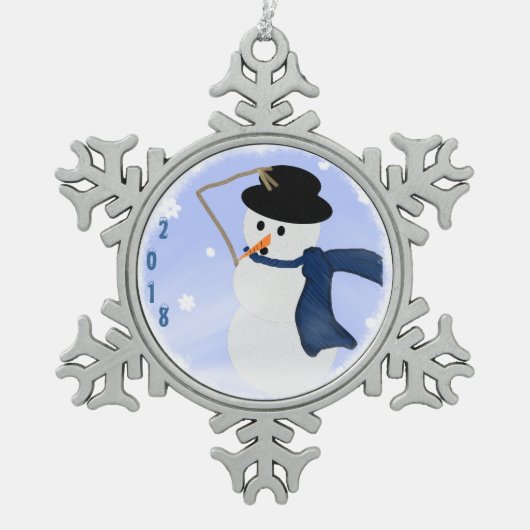 風の雪片のオーナメントの雪だるま スノーフレークピューターオーナメント (正面)