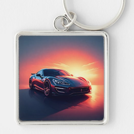 風光明媚お洒落な夕日に運転するスポーツカー キーホルダー (正面)