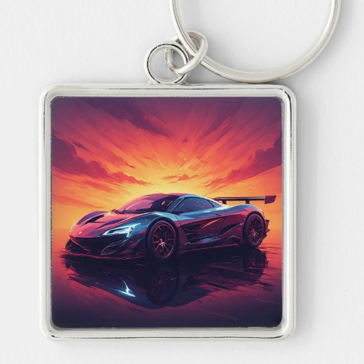 風光明媚お洒落な夕日に運転するスポーツカー キーホルダー (正面)