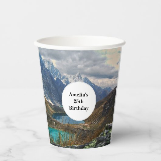 風光明媚なアルパインマウンテンズフォト誕生日 紙コップ (正面)