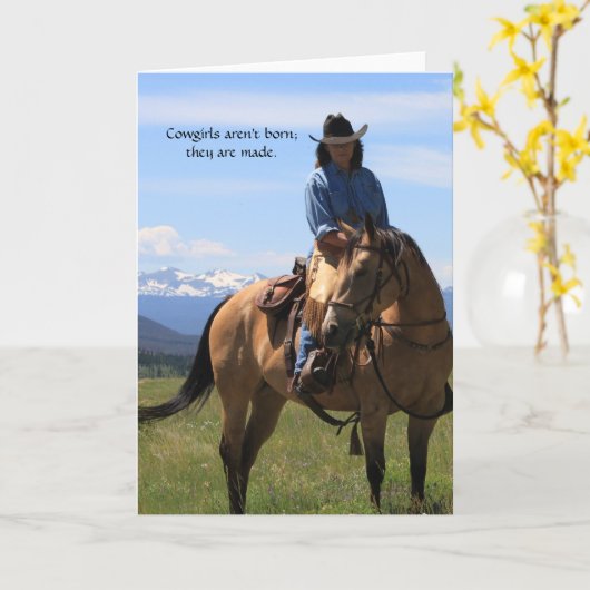 風光明媚なウェスタン女性のカーボーイとホースすべての行事 カード (黄色い花)