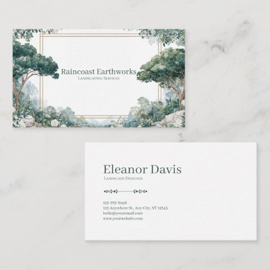 風光明媚なエレガントガーデンホワイトフローラ金ゴールドフレーム 名刺 (正面/裏面)