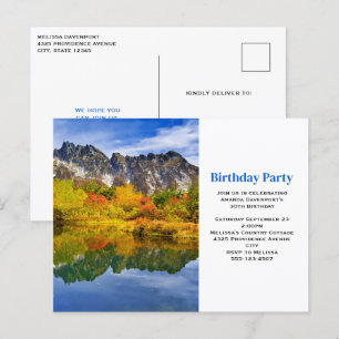 風光明媚なカントリーの山と湖の誕生日パーティー ポストカード