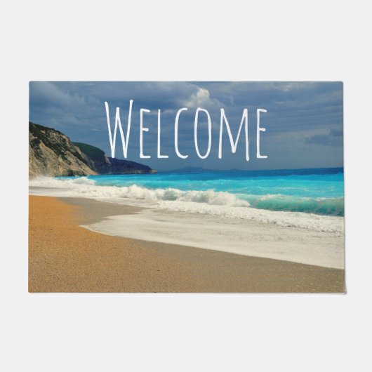 風光明媚なターコイズブルーシービーチフォトウェルカム ドアマット (正面)