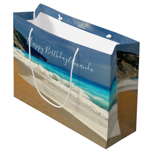 風光明媚なターコイズブルーシービーチフォト誕生日 ラージペーパーバッグ (正面アングル)