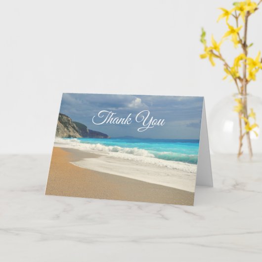 風光明媚なターコイズブルーシービーチ写真ありがとう カード (黄色い花)