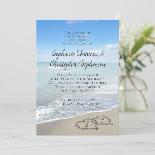 風光明媚なハートインザサンドビーチ結婚式 招待状 (スタンド正面)