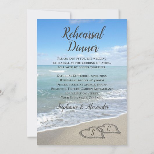 風光明媚なハートザサンドビーチリハーサルディナー 招待状 (正面)