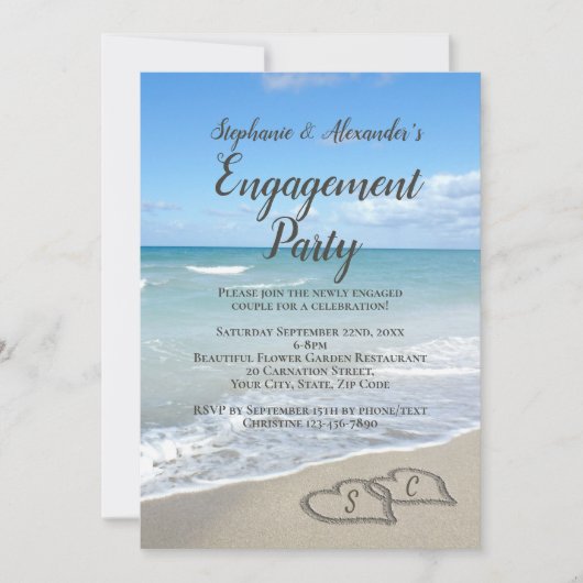 風光明媚なハートザサンドビーチ婚約パーティ 招待状 (正面)