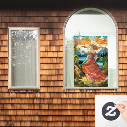 風光明媚なビスタの女性：ステンドグラスの優雅さ ウィンドウサイン (ホームウィンドウ)