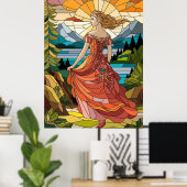 風光明媚なビスタの女性：ステンドグラスの優雅さ ポスター (ホームオフィス)