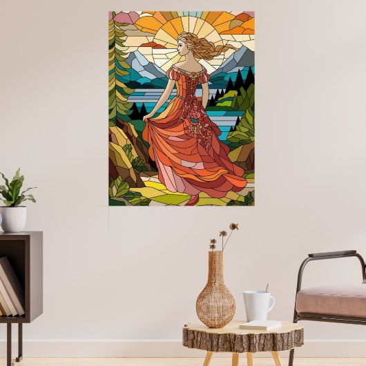 風光明媚なビスタの女性：ステンドグラスの優雅さ ポスター (リビング3)