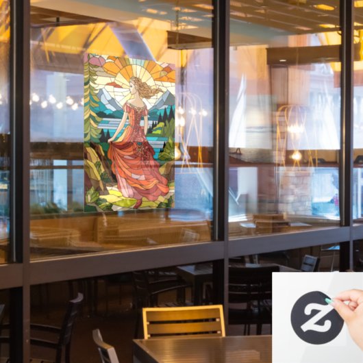 風光明媚なビスタの女性：ステンドグラス優雅さA ウィンドウサイン (レストラン窓)