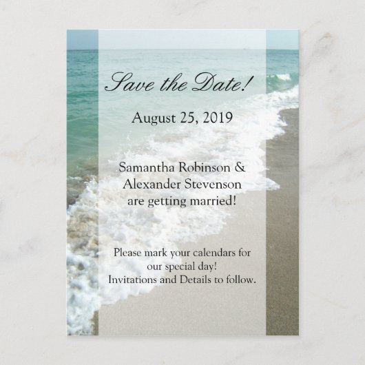 風光明媚なビーチ目的地の結婚式の日付を保存 案内ポストカード (正面)