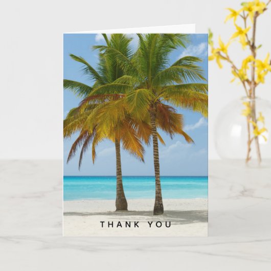 風光明媚なヤシの木の熱帯ビーチありがとう カード (黄色い花)