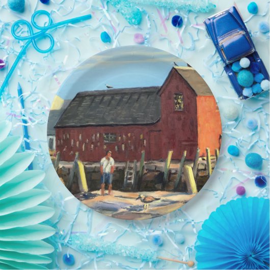 風光明媚なロックポートマサチューセッツの魚のシャックモチーフ#1 ペーパープレート (パーティー)