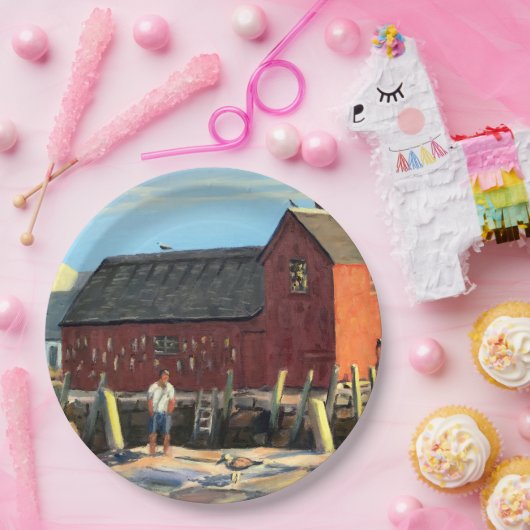 風光明媚なロックポートマサチューセッツの魚のシャックモチーフ#1 ペーパープレート (パーティー)