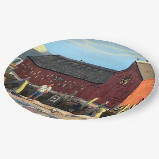 風光明媚なロックポートマサチューセッツの魚のシャックモチーフ#1 ペーパープレート (アングル)