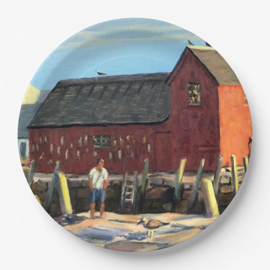 風光明媚なロックポートマサチューセッツの魚のシャックモチーフ#1 ペーパープレート (正面)