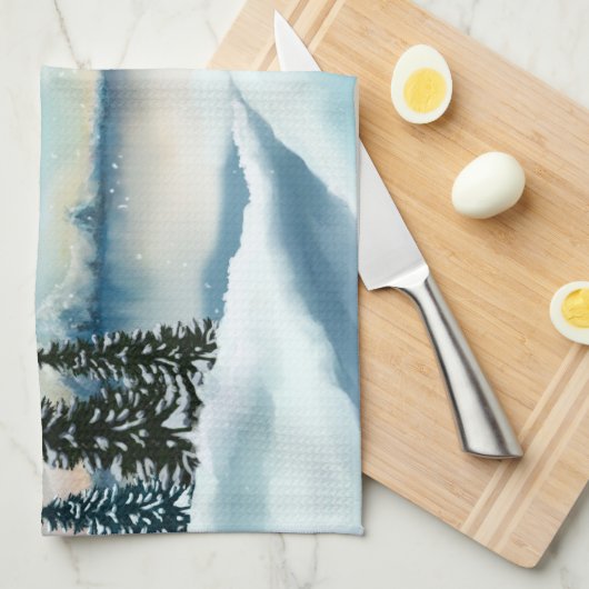 風光明媚な冬のワンダーランド水の色絵画の数 キッチンタオル (四つ折り)