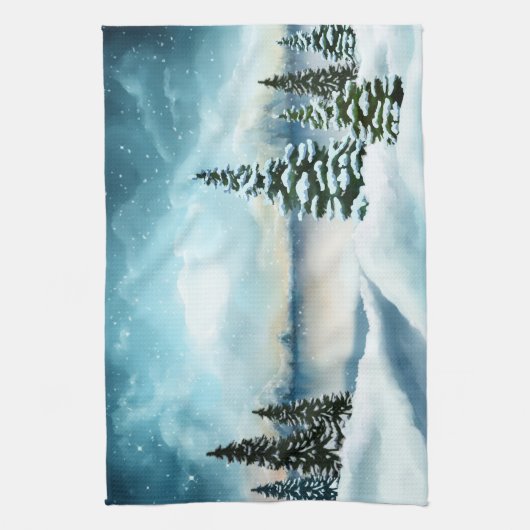 風光明媚な冬のワンダーランド水の色絵画の数 キッチンタオル (縦)