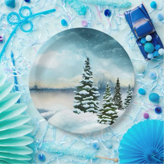 風光明媚な冬のワンダーランド水の色絵画の数 ペーパープレート (パーティー)