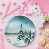 風光明媚な冬のワンダーランド水の色絵画の数 ペーパープレート (パーティー)