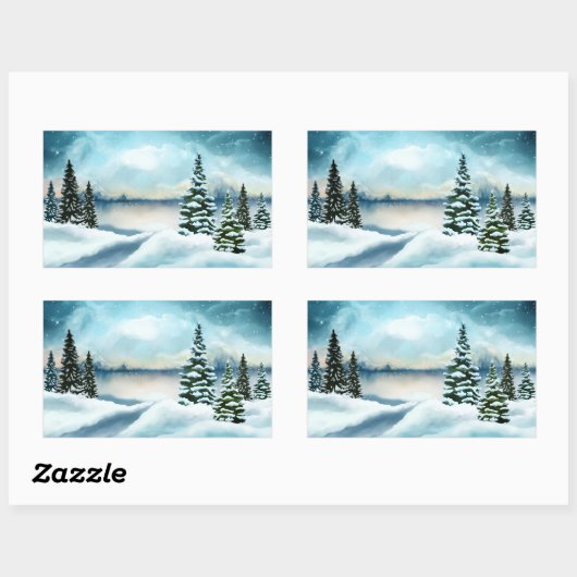 風光明媚な冬のワンダーランド水の色絵画の数 長方形シール (シート)