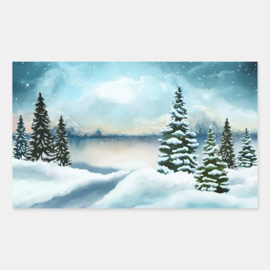 風光明媚な冬のワンダーランド水の色絵画の数 長方形シール (正面)