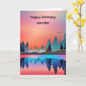 風光明媚な冬の湖と鹿誕生日 カード (黄色い花)